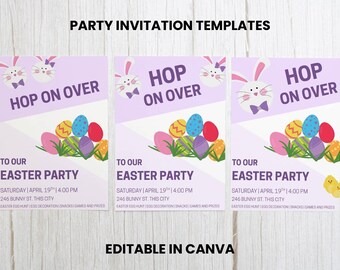 Modèle d'invitation à une fête de Pâques : lapin et oeuf (modèle canva modifiable)