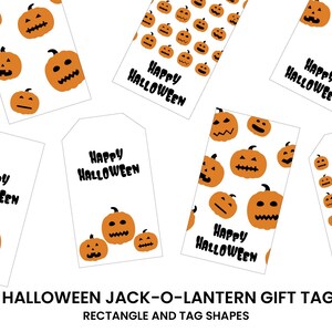 以下が含まれることがあります： オレンジ色のジャック・オ・ランタンと「Happy Halloween」の文字が入った白いギフトタグ。タグは長方形とタグの形をしています。画像には「8 Halloween Jack-O-Lantern Gift Tags」という文字も含まれています。