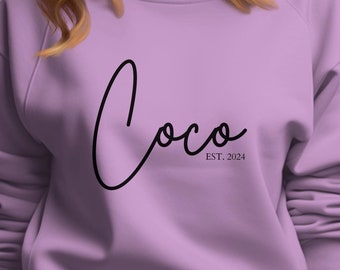 Coco Sweatshirt EST 2024 Graphic Top Trendy Casual Wear Classic Design Comfortable Everyday Wear Birthday Gift New Grandma Gift From Grands