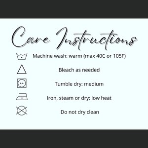 May include: Care instructions for a garment. Machine wash warm, bleach as needed, tumble dry medium, iron low heat, do not dry clean.