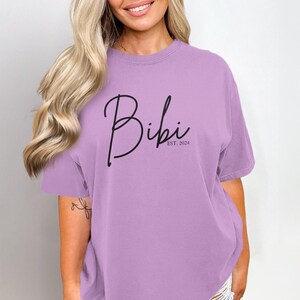 Custom Bibi T-Shirt for New Grandma, Established 2024, Casual Graphic Tee, Personalized Birthday Gift, Trendy Comfort Colors 1717 Shirts Orchid
