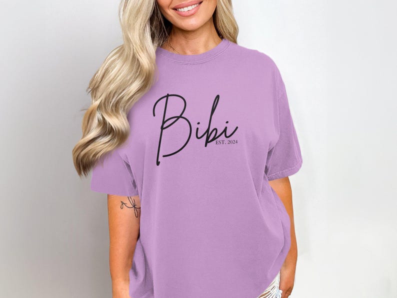 Custom Bibi T-Shirt for New Grandma, Established 2024, Casual Graphic Tee, Personalized Birthday Gift, Trendy Comfort Colors 1717 Shirts Orchid