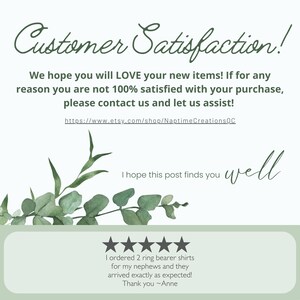 May include: Customer satisfaction feedback with a five-star rating and a testimonial about ring bearer shirts. The text reads "I ordered 2 ring bearer shirts for my nephews and they arrived exactly as expected! Thank you ~Anne".