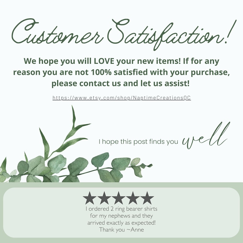 May include: Customer satisfaction feedback with a five-star rating and a testimonial about ring bearer shirts. The text reads "I ordered 2 ring bearer shirts for my nephews and they arrived exactly as expected! Thank you ~Anne".