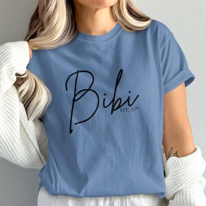 Custom Bibi T-Shirt for New Grandma, Established 2024, Casual Graphic Tee, Personalized Birthday Gift, Trendy Comfort Colors 1717 Shirts Blue Jean