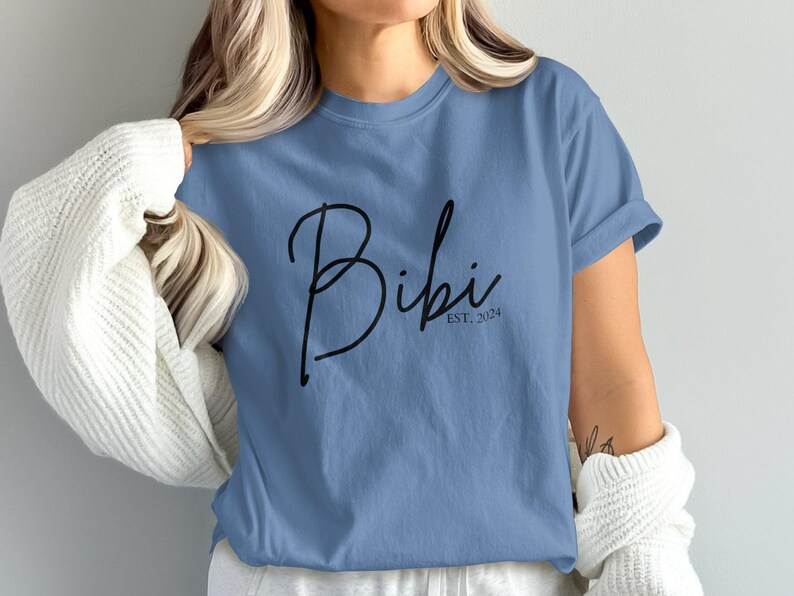 Custom Bibi T-Shirt for New Grandma, Established 2024, Casual Graphic Tee, Personalized Birthday Gift, Trendy Comfort Colors 1717 Shirts Blue Jean