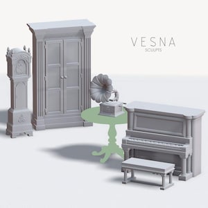May include: A collection of miniature gray furniture pieces, including a grandfather clock, a wardrobe, a gramophone on a green table, a piano, and a piano bench. The text "VESNA SCULPTS" is displayed in the upper right corner.