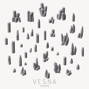 May include: A collection of gray, geometric, 3D crystal shapes, some are tall and thin, others are short and wide, and some are clustered together. The text "VESNA SCULPTS" is at the bottom of the image.