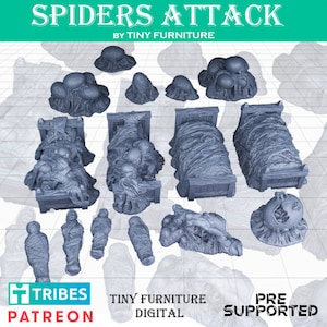 May include: A set of 3D printed miniature models for tabletop role-playing games. The set includes a variety of spider-themed creatures, including a spider-infested bed, a spider-covered cocoon, and a spider-filled egg sac. The models are pre-supported and ready to be printed.