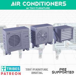 Op de afbeelding: Drie 3D-geprinte modellen van airconditioners in grijs. De modellen zijn vooraf ondersteund en ontworpen door Tiny Furniture Digital.