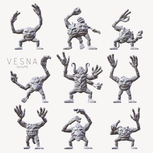 May include: A collection of gray sculptures of fantastical creatures in various poses. The sculptures have detailed features and are displayed against a neutral background. The text "VESNA SCULPTS" is visible in the image.