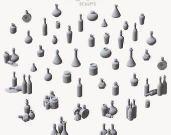 May include: A collection of 30 gray ceramic bottles and jars of various shapes and sizes. The bottles and jars are arranged in a circular pattern on a white background. The word "VESNA SCULPTS" is written in black at the top of the image.