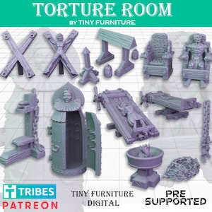 May include: A collection of 3D printed torture devices, including a rack, a cage, a spiked chair, a wooden stake, a pillory, and a pair of shackles. The models are printed in a light purple color and are pre-supported for easy printing.  The image includes the text "Torture Room" and "Tiny Furniture Digital".