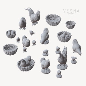 May include: A collection of gray ceramic figurines of chickens and nests. The figurines include a rooster, hens, chicks, and nests with eggs. The figurines are all in a neutral gray color and are arranged on a white background. The text "VESNA SCULPTS" is visible in the top right corner of the image.