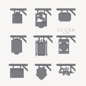9 Hanging Signs #2 Tavern Inn Market Stall Shop Town Scatter Terrain Scenery Landscape TTRPG Fantasy Dnd