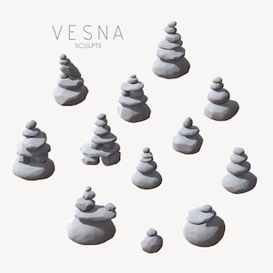 Peut inclure: Plusieurs sculptures en pierre grise empilées de différentes manières. Les sculptures sont disposées sur un fond beige clair. Le texte "VESNA SCULPTS" est visible en haut de l'image.