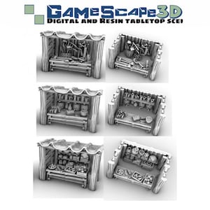 May include: Four different 3D printed miniature wooden market stalls with various goods inside. The stalls are made of wood and have a roof. The goods inside the stalls include tools, bottles, and food.