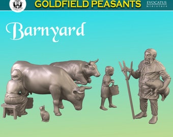 Könnte beinhalten: Ein Set aus fünf Miniaturfiguren, die eine Szene auf einem Bauernhof darstellen. Die Figuren umfassen zwei Kühe, einen Bauern, der ein Schwein hält, ein Mädchen, das einen Korb trägt, und eine Frau, die eine Kuh melkt. Die Figuren sind aus hellem Grau gefertigt und vor einem grünen Hintergrund platziert. Der Text "Goldfield Peasants" und "Barnyard" ist oben im Bild sichtbar.