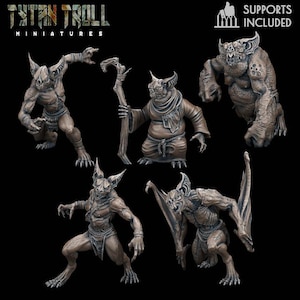 May include: A collection of five detailed miniature figures of fantasy creatures. The figures are in various poses, with bat-like wings, horns, and clawed hands. The figures are a muted brown color and are set against a black background. The text "TYTAN TROLL MINIATURES" is at the top.