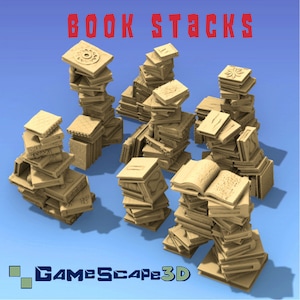 May include: A set of seven stacks of miniature books, each stack is made of multiple books with different designs. The stacks are arranged on a blue surface. The text "BOOK STACKS" is at the top of the image. The text "GAMESCAPE3D" is at the bottom of the image.