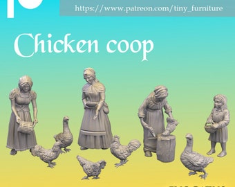 Könnte beinhalten: Ein 3D-gedrucktes Miniaturset, das einen Hühnerstall mit fünf Figuren darstellt, darunter eine Frau, die Hühner füttert, eine Frau, die ein Huhn hält, eine Frau, die Holz hackt, ein Mädchen, das einen Korb hält, und eine Gans. Das Set ist in hellgrau lackiert und Teil einer Kollektion namens "Tiny Furniture Digital".