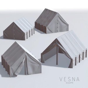 May include: Four different styles of canvas tents, all in a light grey colour. The tents are set up on a white surface.