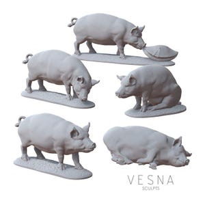 Op de afbeelding: Een verzameling van vijf grijze varkenssculpturen in verschillende poses. Eén varken eet uit een trog, anderen staan, zitten of liggen. De sculpturen staan op een lichtgrijze basis. De tekst "VESNA SCULPTS" staat onderaan.