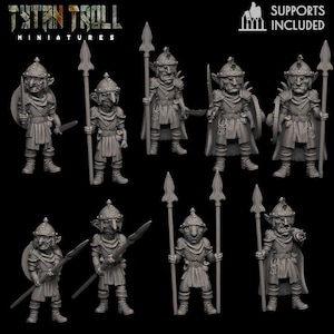 May include: A collection of miniature fantasy figures, each depicted in a standing pose and clad in armor. The figures are holding spears, swords, and shields. The text "TYTAN TROLL MINIATURES" is at the top. The text "SUPPORTS INCLUDED" is also visible.