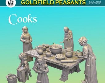 Könnte beinhalten: Ein Set mit fünf Miniaturfiguren, die Köche darstellen, die ein Essen zubereiten. Die Figuren sind aus grauem Kunststoff gefertigt und in verschiedenen Kochpositionen dargestellt. Das Set enthält einen Tisch, einen Topf, eine Schüssel, einen Krug und andere Küchenutensilien. Die Figuren gehören zur Goldfield Peasants-Kollektion von Evocatus Miniature.