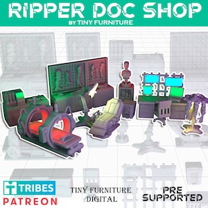 May include: A collection of miniature medical equipment, including an examination table, a desk with monitors, and a scanning machine. The set is primarily purple and gray, with accents of red and green. The text "RIPPER DOC SHOP" is at the top.