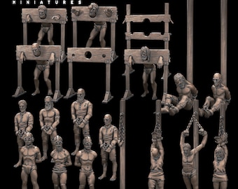 19 Prisoners Pack Scatter D&D 32mm Shackles Stocks Stockade Resin print Miniature Fantasy TTRPG