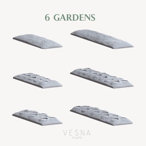 May include: Six gray concrete garden beds, each with a different texture. The beds are arranged in two rows of three. The top row has two smooth beds and one textured bed. The bottom row has three textured beds. The text "6 GARDENS" is at the top of the image. The text "VESNA SCULPTS" is at the bottom of the image.
