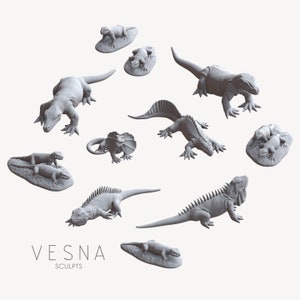 May include: A set of 10 gray 3D printed lizard figurines. The lizards are in various poses, including standing, sitting, and crawling. The figurines are all detailed and realistic.