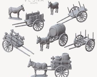 Donkey Pulling Wagon 2 Wheel Cart Goods Merchant Western Scatter Terrain Scenery Landscape TTRPG Fantasy dnd