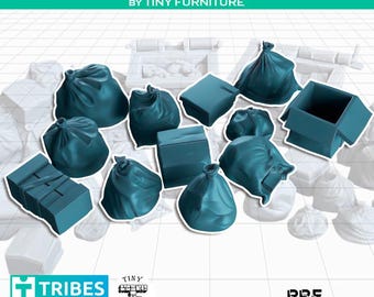 Bolsas y cajas de basura para terreno disperso, miniaturas de D&D, impresión de resina, TTRPG, basura de tierras baldías, bolsas de basura, vertedero de residuos urbanos.