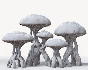 May include: Five white, mushroom-shaped sculptures with intricate, tree-like bases. The sculptures are arranged in a cluster on a white surface.