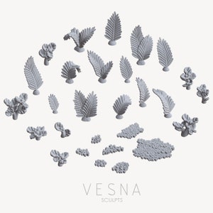 May include: A set of 3D printed miniature tropical plants and flowers, perfect for tabletop gaming or model railroading. The set includes various sizes and shapes of leaves and flowers, all in a light gray color.