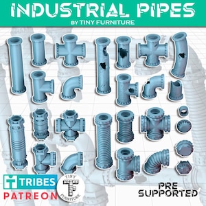 May include: A collection of light blue industrial pipes in various shapes and sizes, including straight sections, elbows, and cross-shaped connectors. The image includes the text "INDUSTRIAL PIPES" and "BY TINY FURNITURE". Some pipes show damage.