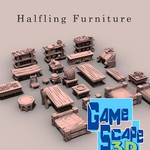Halflings Furniture Hobbits Shire Small People Halfling Bed Table Shelf House Scatter Terrain Scenery Landscape TTRPG Fantasy dnd