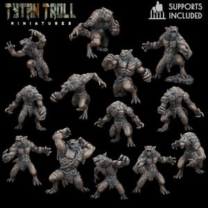 May include: A collection of miniature werewolf figurines in various dynamic poses. The figures are detailed with fur textures and muscular builds, in shades of gray and brown. The Titan Troll Miniatures logo is visible.