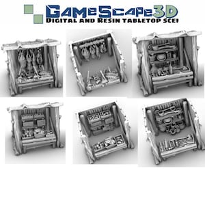 3 Goods Stalls Weapons Pots Butcher Meat Produce Vegetables Fruits Scatter Terrain Scenery Landscape TTRPG Fantasy dnd Market Town