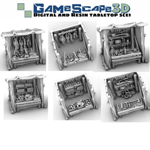 3 Goods Stalls Weapons Pots Butcher Meat Produce Vegetables Fruits Scatter Terrain Scenery Landscape TTRPG Fantasy dnd Market Town