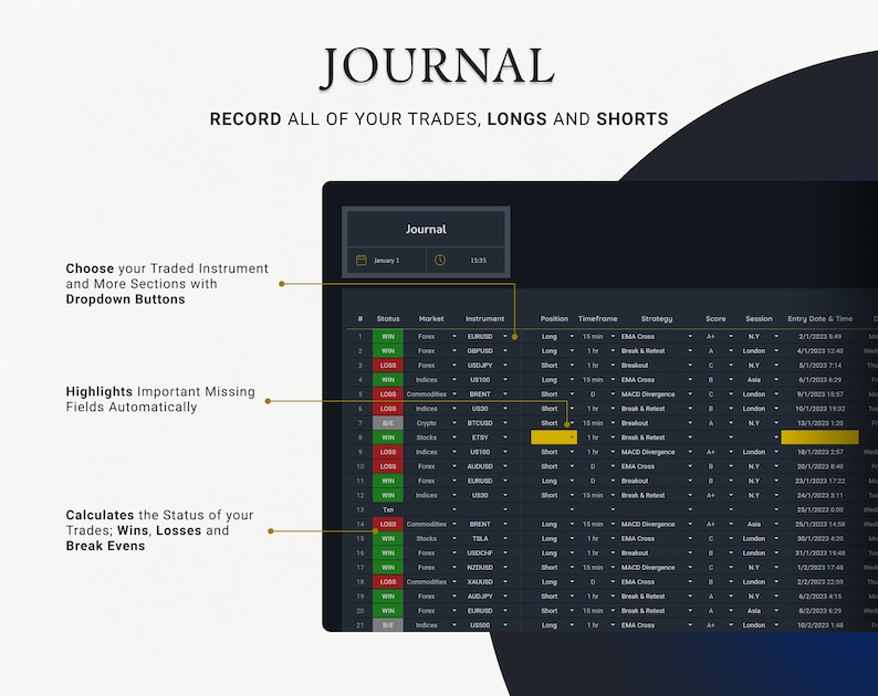 Trading Journal 2024 Premium Backtesting Strategie Google Sheets PlanerFinen FX Markthandel Tagebuch Log Spreadsheet Dashboard Bild 3