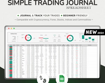 Diario di trading semplice 2024 Strategia di backtesting Fogli Google Pianificatore Trading di criptovalute Finanza Trading Diario di mercato Registro Foglio di calcolo Dashboard