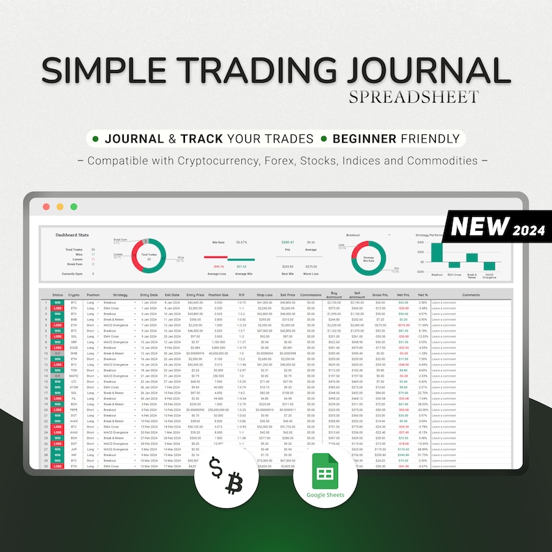 Eenvoudig handelsdagboek 2024 Backtesting Strategie Google Spreadsheets Planner Crypto Trading Financiën Handelsmarktdagboek Log Spreadsheet Dashboard afbeelding 1