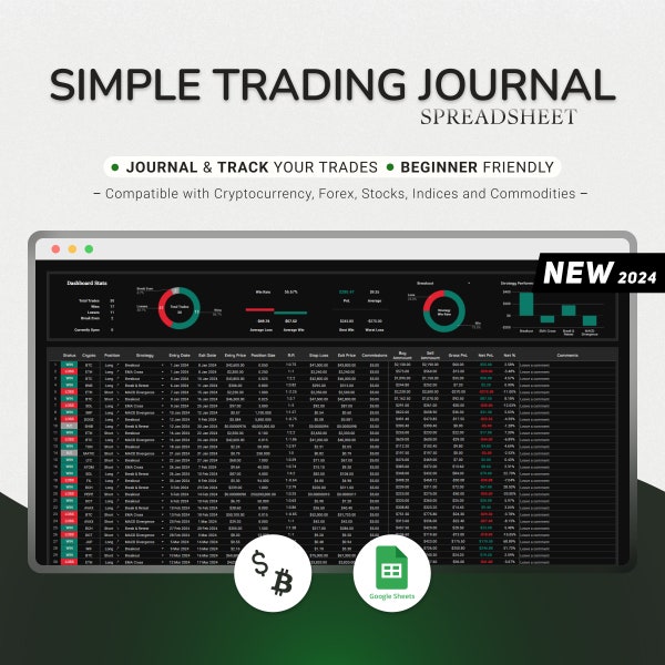 Simple Trading Journal 2024 Stratégie de backtesting Google Sheets Planner Crypto Trading Finance Journal du marché du trading Tableau de bord Feuille de calcul