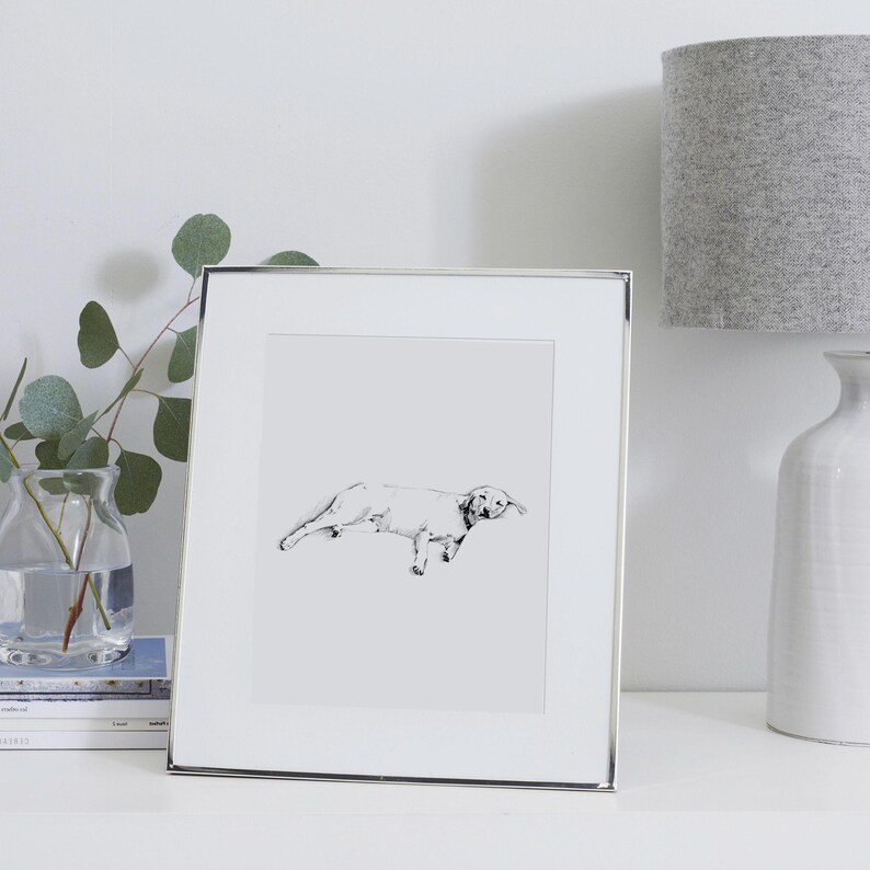 K&ouml;nnte beinhalten: Gerahmte Schwarz-Wei&szlig;-Skizze eines Hundes. Das Kunstwerk befindet sich in einem silbernen Rahmen und wird auf einer wei&szlig;en Oberfl&auml;che pr&auml;sentiert. Eine graue Lampe und eine Vase mit Gr&uuml;n sind ebenfalls zu sehen.