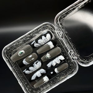 Black & White Crystal Moth Gothic Butterfly Reusable Long Press-On Nails Coffin Press on  Acrylic