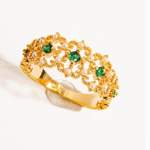 18K Gold Vintage Emerald & Pearl Bling Adjustable Ring