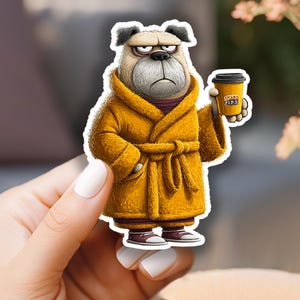May include: A sticker of a grumpy bulldog in a yellow robe, holding a coffee cup. The bulldog has a stern expression and wears maroon trainers. The coffee cup has the text "COFFEE ADDICT" on it.